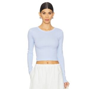 ENZA COSTA Supima Baby Rib Long Sleeve Cropped Top Womens Small Blue Crew Tee